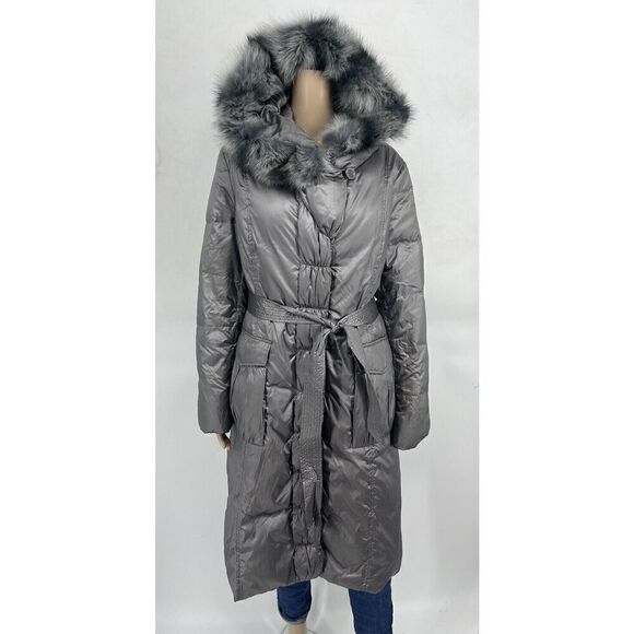 Adrienne Landau Large‎ Anorak Coat Gray Fox Fur Trim Hooded Belted Puffer Jacket - Picture 1 of 12